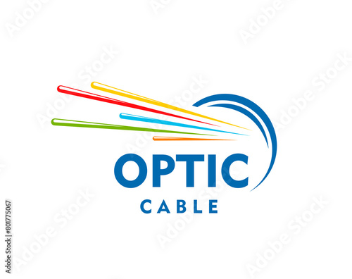 Fiber optic cable icon. Isolated vector emblem with colorful dynamic wire linea in blue circle. Symbol of high-speed internet connection, telecommunication, data traffic transmission and connectivity