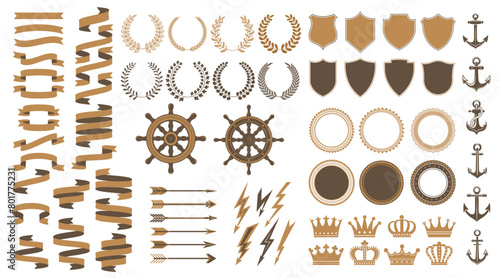 Vintage Medieval heraldic elements and royal marine heraldry, vector laurels and crowns. Heraldic icons of ship helm with anchor and shield with arrow, lightning and ribbon for heraldry badge seals photo