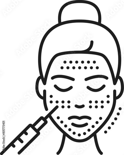 Skin mesotherapy, skincare health and face care cosmetology line icon. Face skin health, dermatology and cosmetology facial treatment line vector symbol with woman getting mesotherapy injections