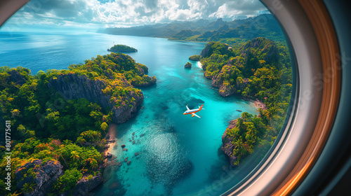 Stunning aerial view of the island with green rainforest, crystal clear blue ocean and a distance passenger's airplane , as it is seen from an airplane window