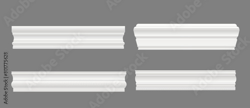 Wall skirting baseboard or molding and interior moulding cornice, realistic vector. White wall skirting or house ledge trim molding for ceiling border panels and molding board frieze of plaster stucco photo
