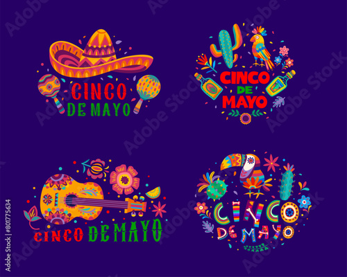 Cinco De Mayo lettering icons for Mexican holiday fiesta greeting, vector banners. Cinco De Mayo lettering with Mexican sombrero and guitar, tequila and cactus with toucan bird in floral ornament