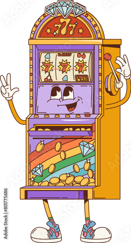 Cartoon groovy retro casino slot machine character with funky face smile, vector comic. Groovy funny casino slot machine with jackpot 777 combination and gold coins win, cartoon gamble game character