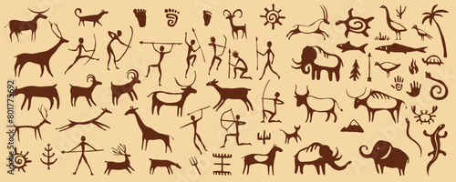 Prehistoric cave paintings, ancient art on rock wall. Stone vector background with caveman paintings, primitive brown symbols of hunters, tribe people and animals, deers, mammoth, spears and fire