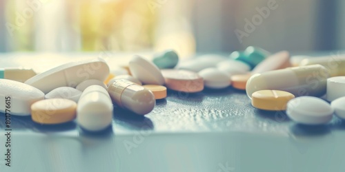 A variety of pills and capsules in a close-up shot, highlighting healthcare and medication. photo
