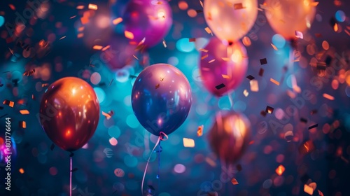 Vibrant party balloons surrounded by fluttering confetti, capturing a joyful and festive celebration atmosphere.