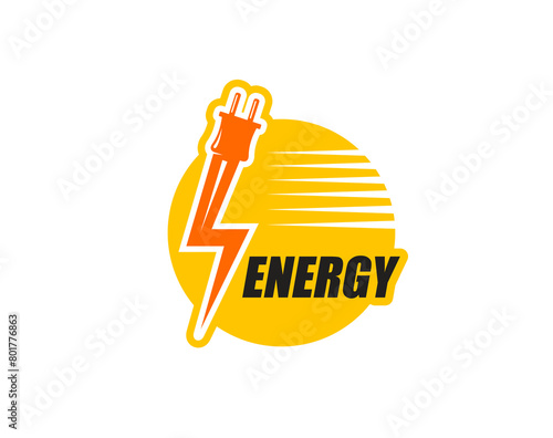 Electric energy icon of power plug with lightning cable, vector emblem. Electric car charge station, electricity provider service or power generation company sign with energy electric plug and cable