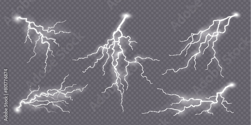 Lightning effect. Thunderstorm electric spark  flash strike  thunder bolt effect. Set of realistic 3d zippers  storm or shock  natural powerful light charges. Abstract electricity and explosion glow