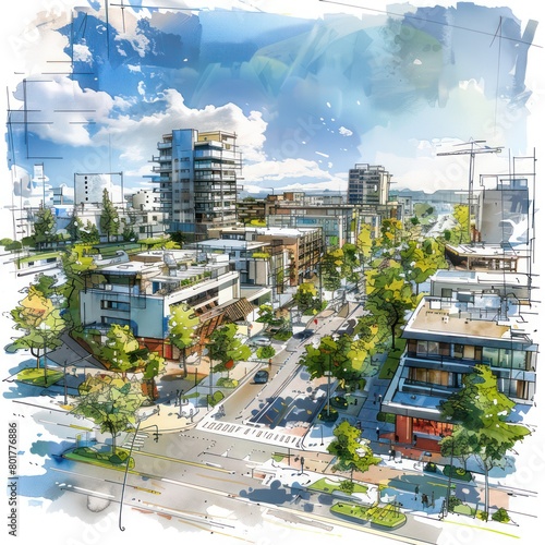 watercolor sketch design smart city town, perfect architecture, safe environment 