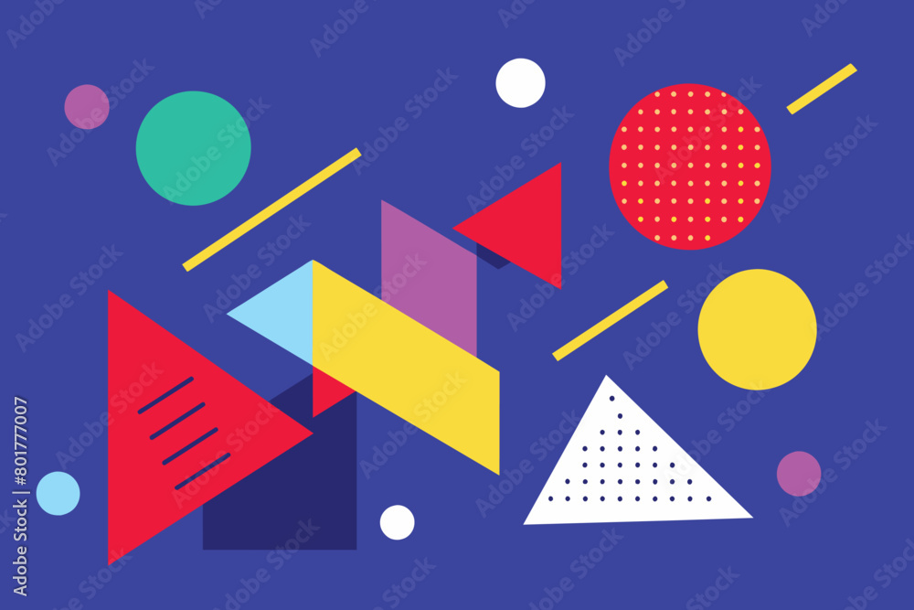 Set of isolated memphis style abstract shapes with geometric triangle and dots. Red and blue, yellow and violet texture made of shapes for minimalistic background. Template
