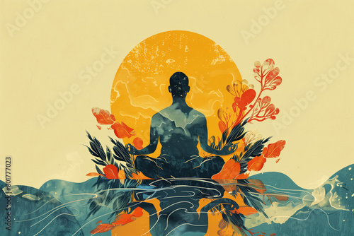 An illustration of a man sitting down and meditating, set within a spiritual landscape composed of earthy, organic shapes. This artwork embodies a tranquil and natural setting, emphasizing a deep 