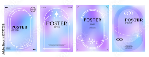 Aesthetic blur purple gradient Y2K posters, modern backgrounds for covers, vector templates. Pastel or neon glow blur color gradient posters with line frames in Y2K aesthetic geometric minimal design