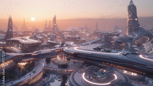 futuristic city at sunrise  with interconnected buildings and pathways 
