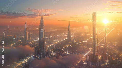 futuristic city at sunrise  with interconnected buildings and pathways 