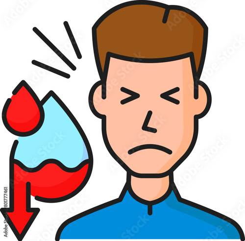 Hematology, anemia disease blood loss symptom color line icon. Anemia diagnose, cardiovascular disease test or hematology medicine symptom line vector sign with person and blood drop