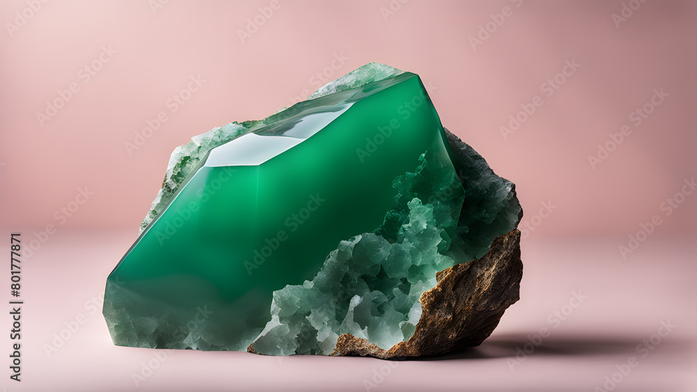 A large green rock sits on a pink surface A large green rock sits on a pink surface