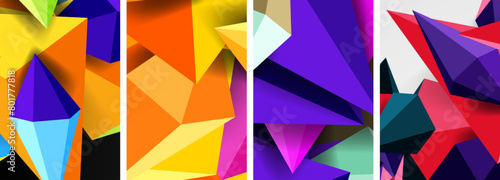A creatively arranged collage featuring four different colored triangles in shades of purple  violet  and magenta  creating a symmetrical composition on a white background