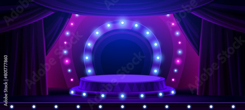 Theater or circus entertainment stage podium with lights, vector background. Circus show or concert theater scene with platform, neon glow illumination and curtain drapes in blue purple spotlights