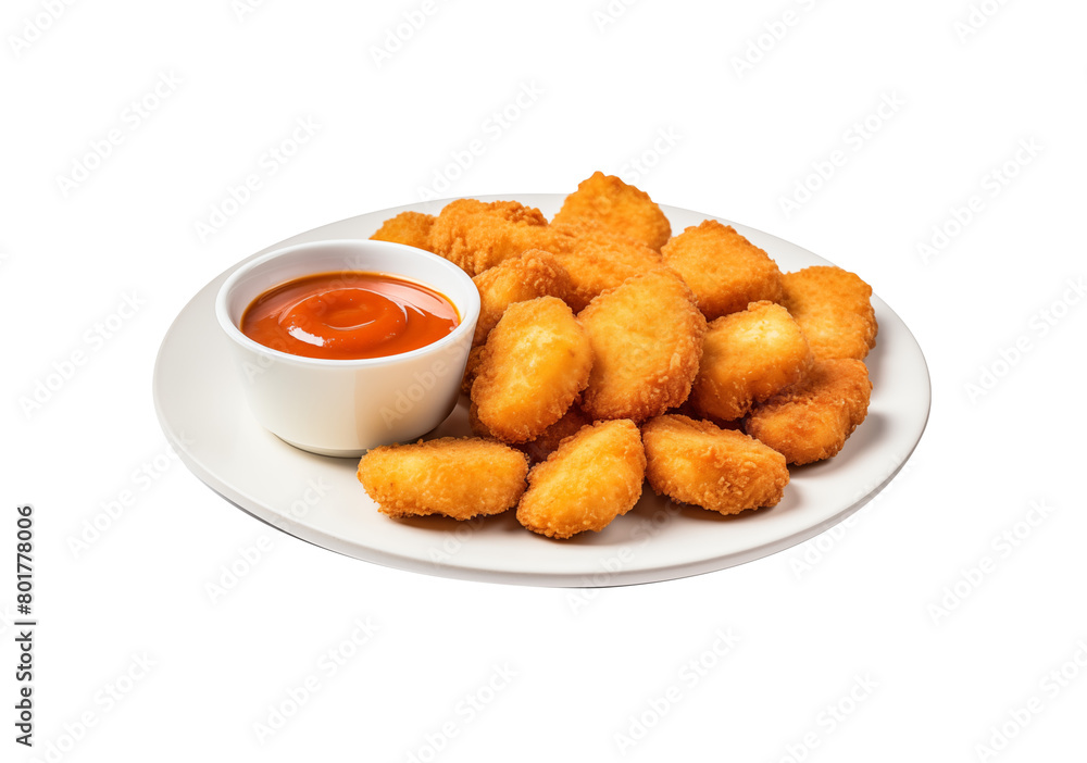 A plate of chicken nuggets with a side of dipping sauce, presented neatly, isolated on a transparent background. Generative AI A plate of chicken nuggets with a side of dipping sauce, presented neatly, isolated on a transparent background. Generative AI