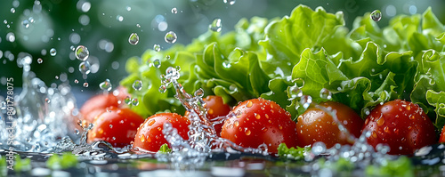 Food ingredients like tomatoes and lettuce splashing in water photo