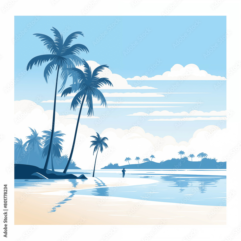 Summer beach island with palm trees  in blue shades of colour 
