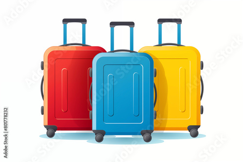 Three colourful suitcases on a white background , vacation luggage