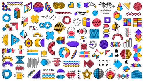 Abstract geometric memphis shapes. Modern graphic vector line elements, minimal art shapes and basic forms. Star, circle, triangle and dot, square, curve, wave and arrow figures with halftone pattern
