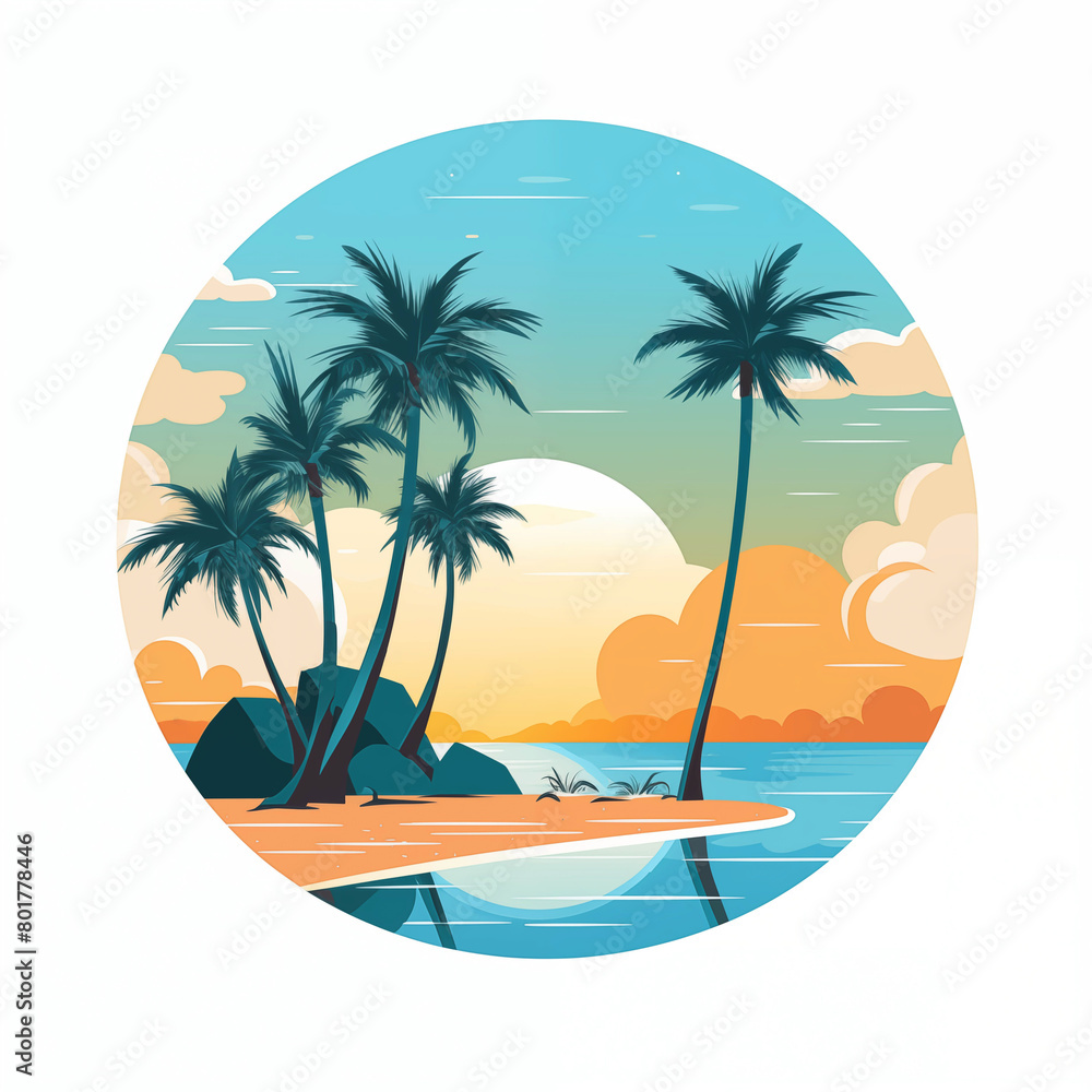 Summer beach island with palm trees  at the sunset