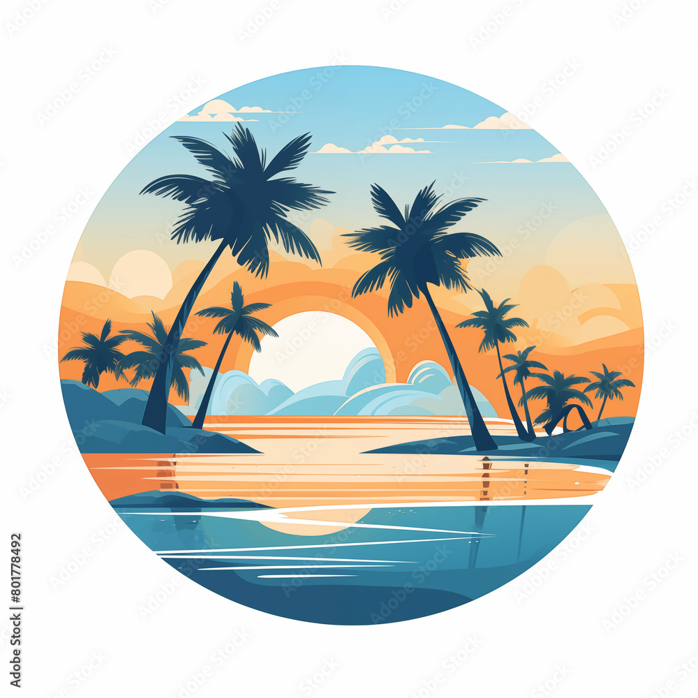 Summer beach island with palm trees  at the sunset 