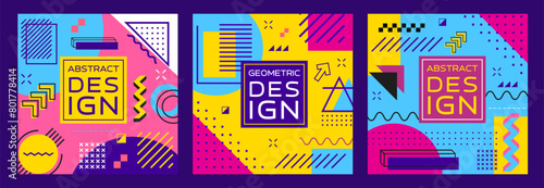 Abstract geometric Memphis banners. Modern square templates, feature vibrant colors, simple shapes and bold patterns in retro-modern style of 1980s design movement. Vector playful cards or story posts