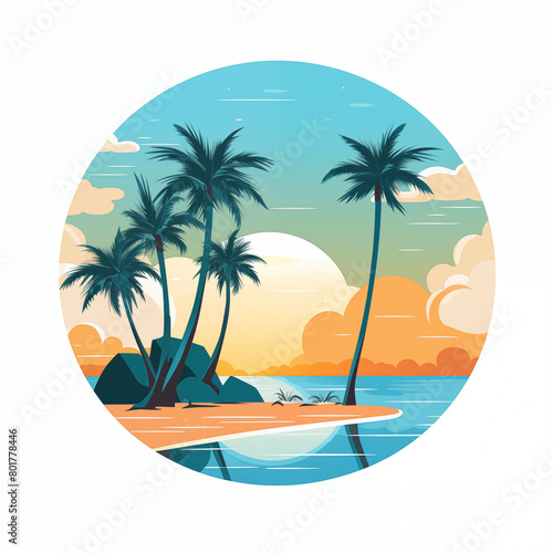 Summer beach island with palm trees at the sunset
