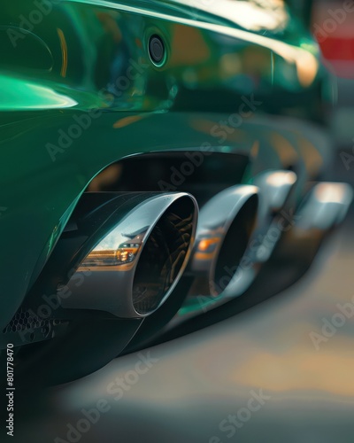 car exhaust, green car, focus on exhaust