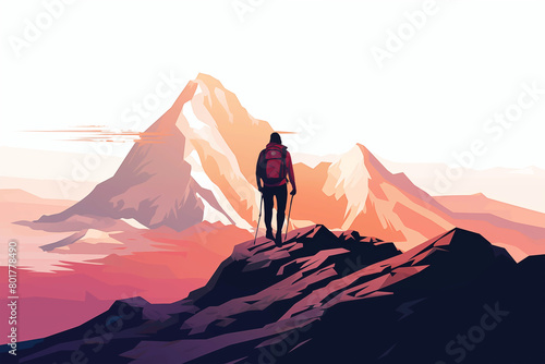  A climber reaching the top of the mountains admiring the view at the sunset