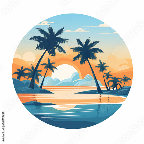 Summer beach island with palm trees at the sunset 