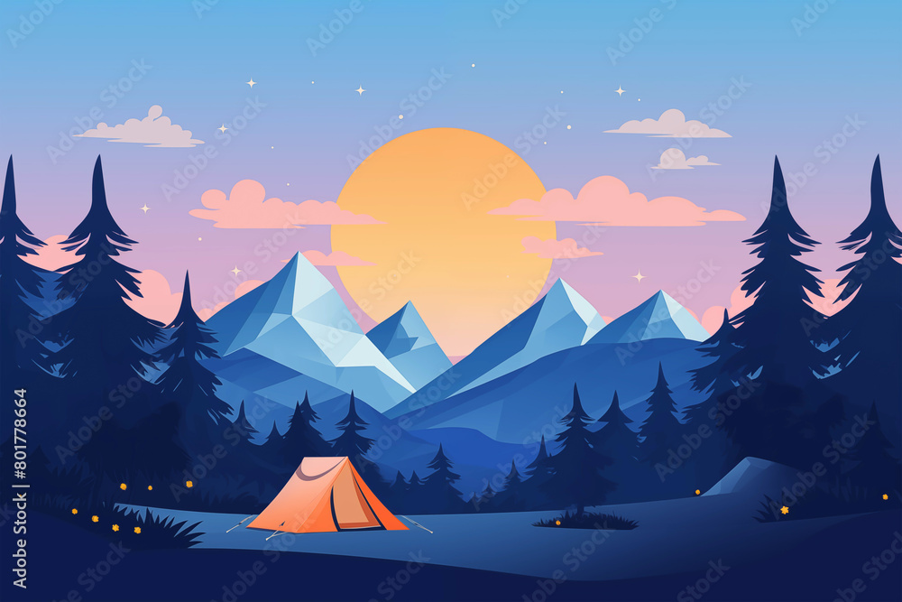 Fototapeta premium A camping tent in the middle of a forest at the mountains base, at the sunset