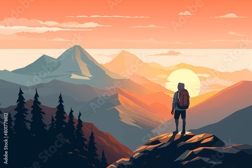  A climber reaching the top of the mountains at the sunset admiring the view in front of him