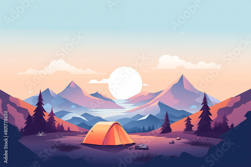 A camping tent at the mountains base  at the sunset