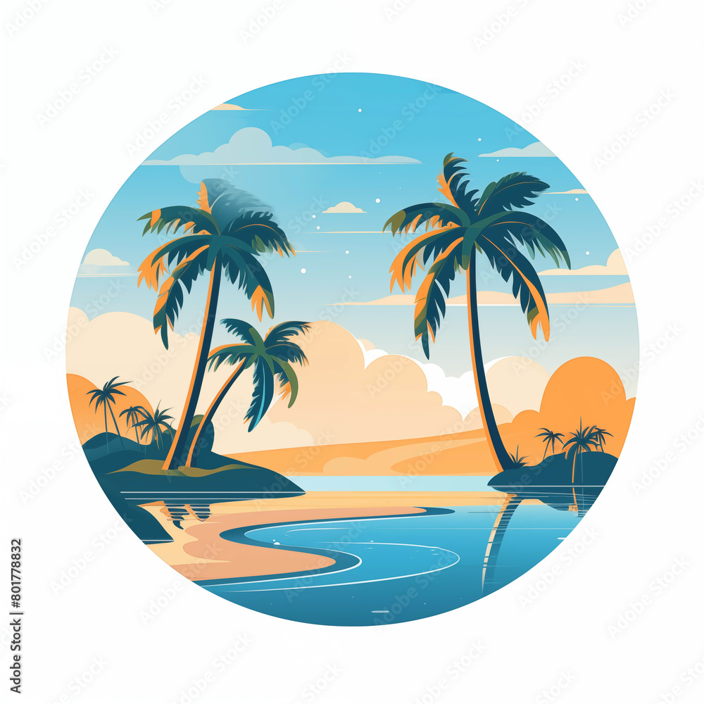 Summer beach island with palm trees  at the sunset, vintage style 