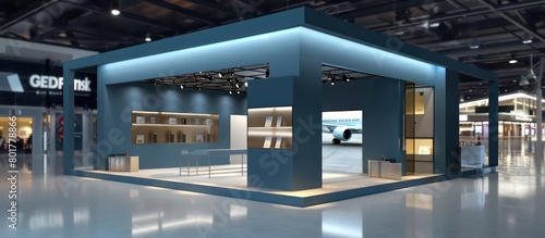 promotional trade show stand whit modern design and blue led lights photo