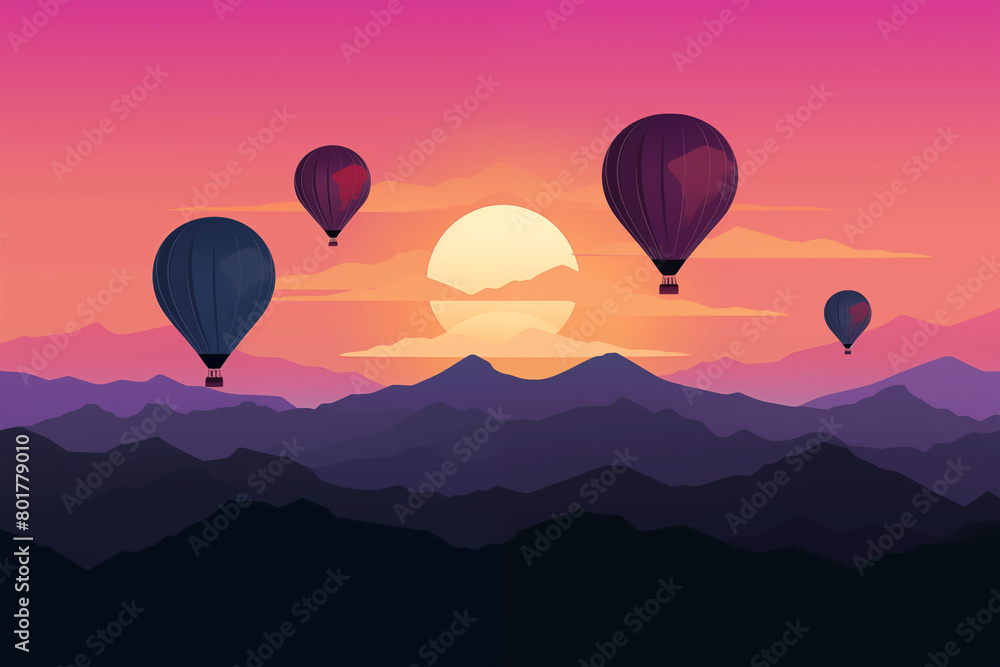 Fototapeta premium Floating hot air balloons at the sunset over a canyon