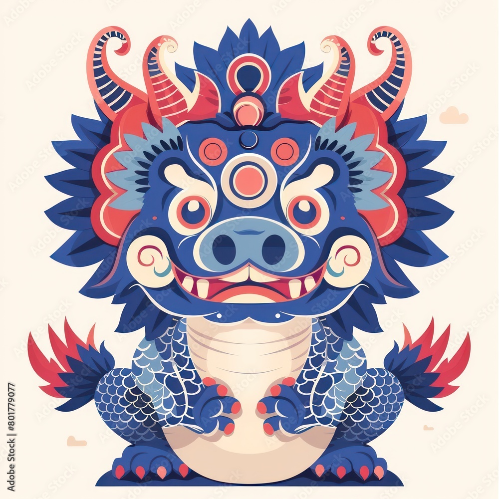 Fototapeta premium dragon, symmetry doodle art, woodblock color print art, flat cartoons, white background