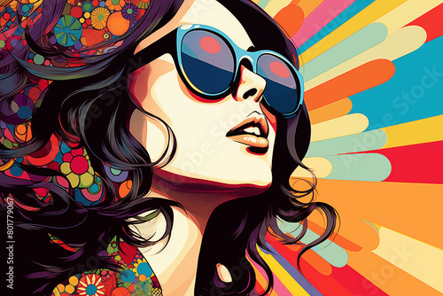 Pop art retro style pretty young woman wearing sunglasses on vibrant colourful background. 