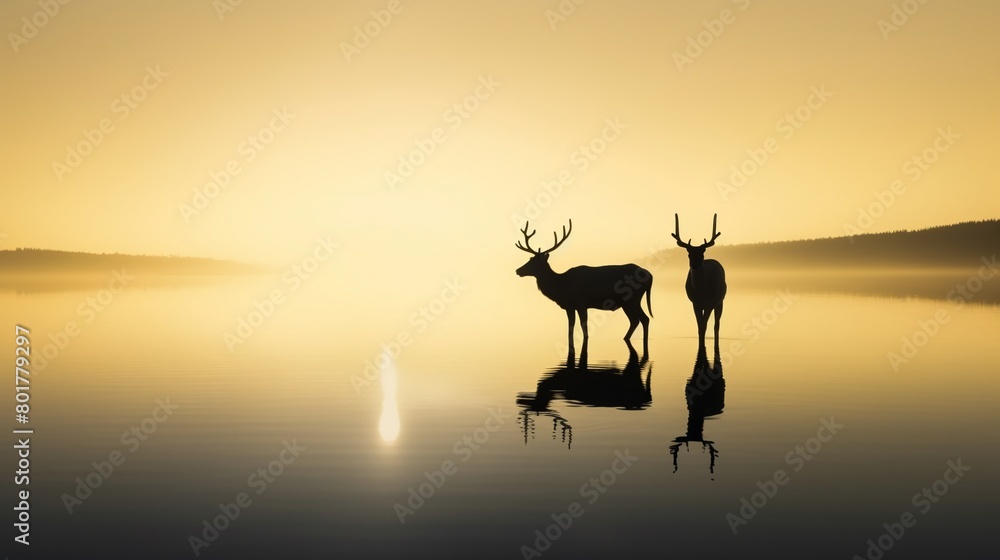 Silhouette of two reindeers by a lake, the early sunrise casting gentle hues in a minimal wildlife landscape