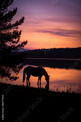 A horse stands silhouetted against a fading sunset  beside a lake in a simple  wilderness setting