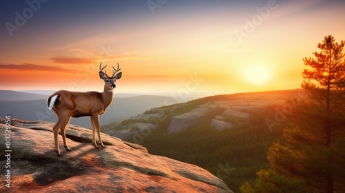 A serene scene of a deer standing on a cliff as the sun sets, enveloping the landscape in warm light