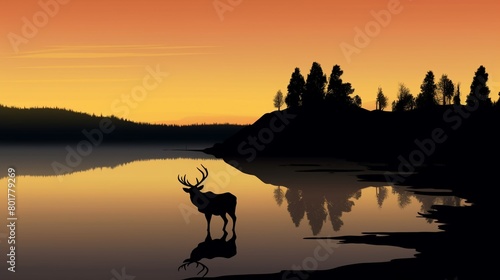 Lone elk silhouette in a sparse wilderness scene, with a tranquil lake glowing at sunset