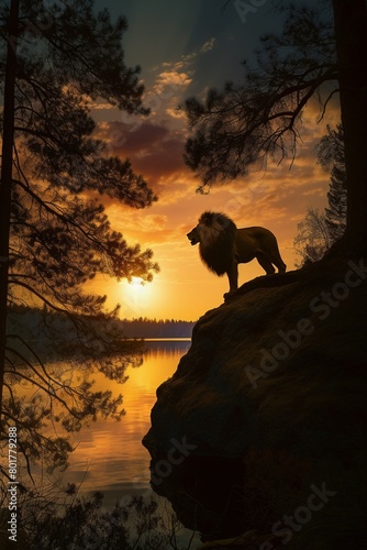 Majestic lion silhouetted on a cliff edge, pine trees and lake reflecting the warm hues of the sunset