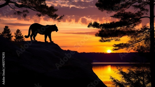 Silhouette of a lion standing on a cliff, with a vivid sunset over a pinefringed lake shore