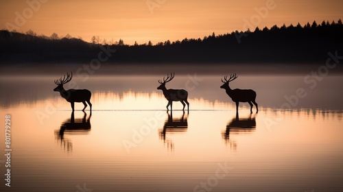 Silhouette of two reindeers by a lake  the early sunrise casting gentle hues in a minimal wildlife landscape