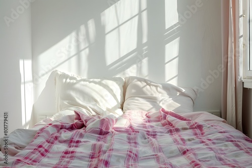 Light, cute and cozy home bedroom interior with unmade bed, pink plaid and cushions on empty white wall background.